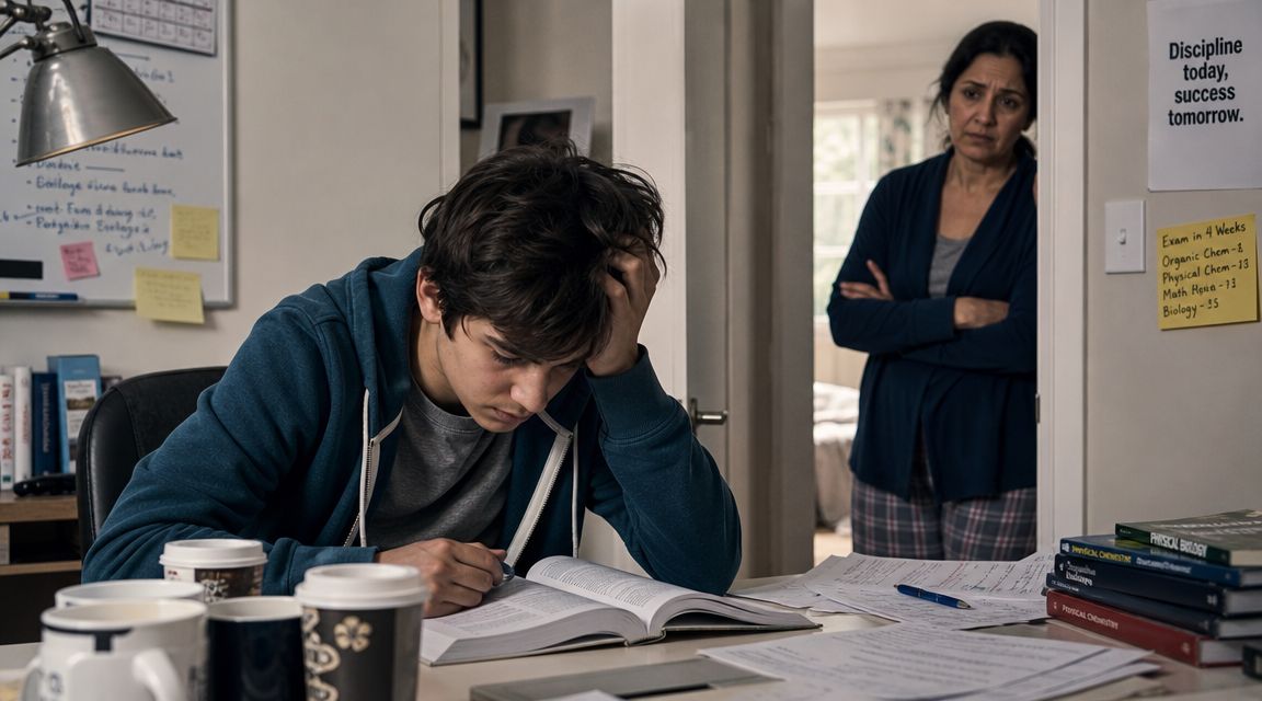 A stressed student studying at a desk while a disappointed parent watches from the doorway.