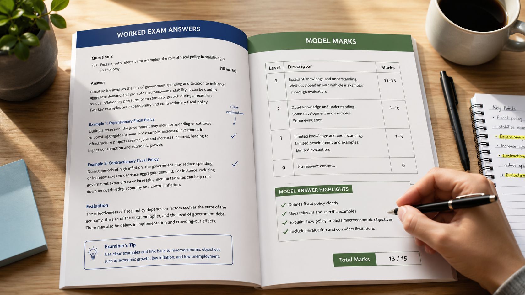 A study guide page showing an answered economics exam question with a grading rubric and notes.