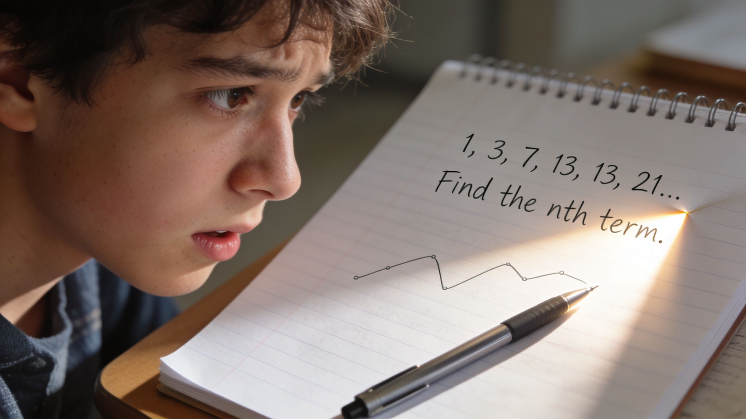 A concerned student looks closely at a math problem written on a notebook about finding the nth term.