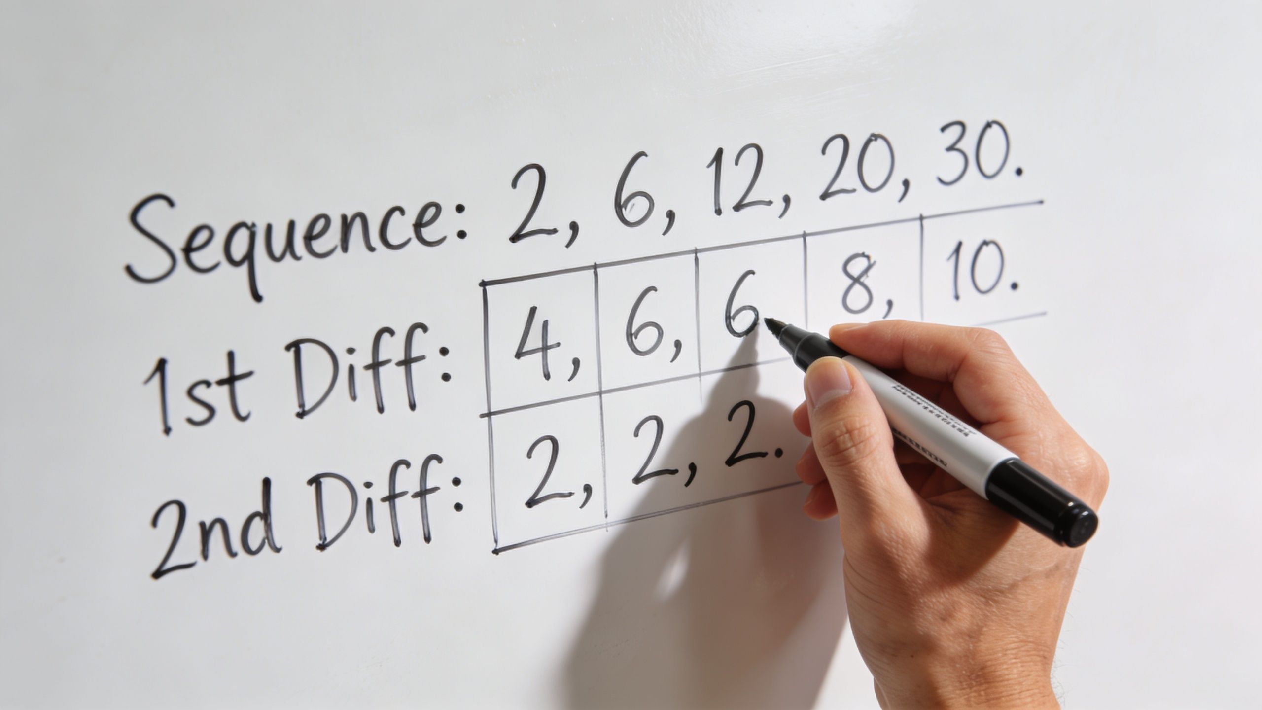 A hand using a marker to write mathematical differences on a whiteboard to find a quadratic pattern.