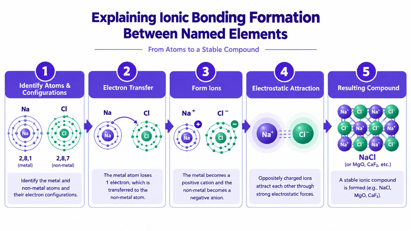 A five-step diagram explaining the process of ionic bonding between a sodium atom and a chlorine atom.