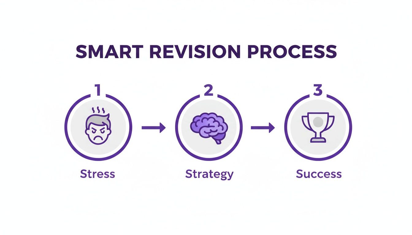 Diagram showing the SMART revision process: start with stress, use strategy, achieve success.