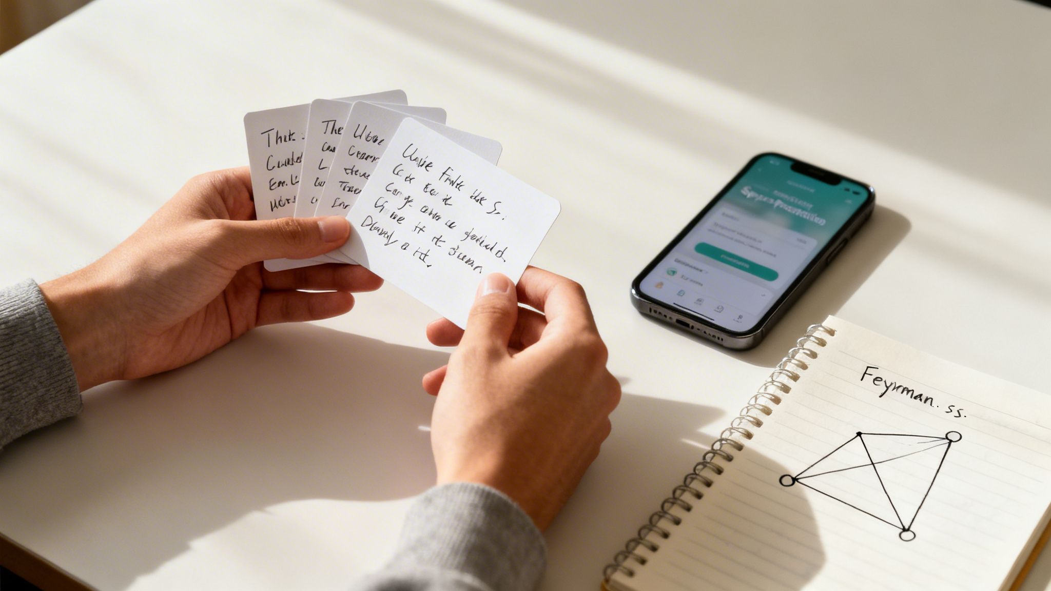 Person studying for an exam, holding flashcards, with a smartphone and notebook on a desk.