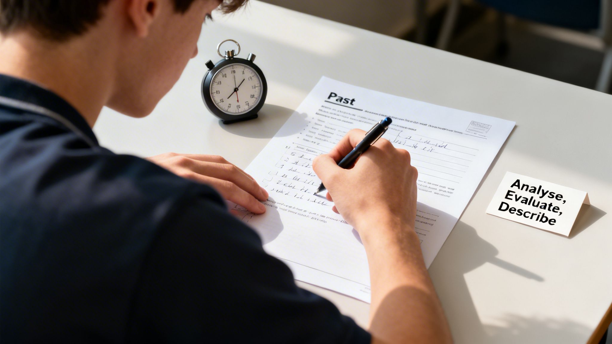 A student in a dark shirt diligently writes on an exam paper titled 'Past', with a stopwatch and study prompts on a desk.