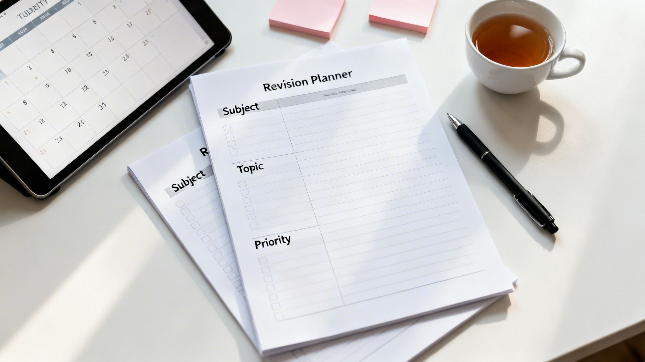 Overhead shot of a revision planner on a desk with a tablet, tea, pen, and sticky notes.