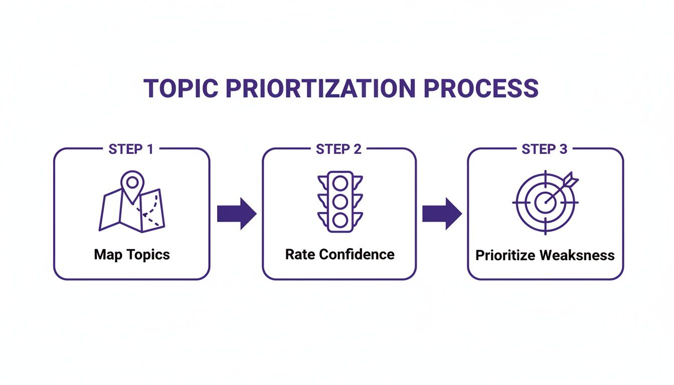 A visual representation of the topic prioritization process with three steps: map topics, rate confidence, and prioritize weakness.