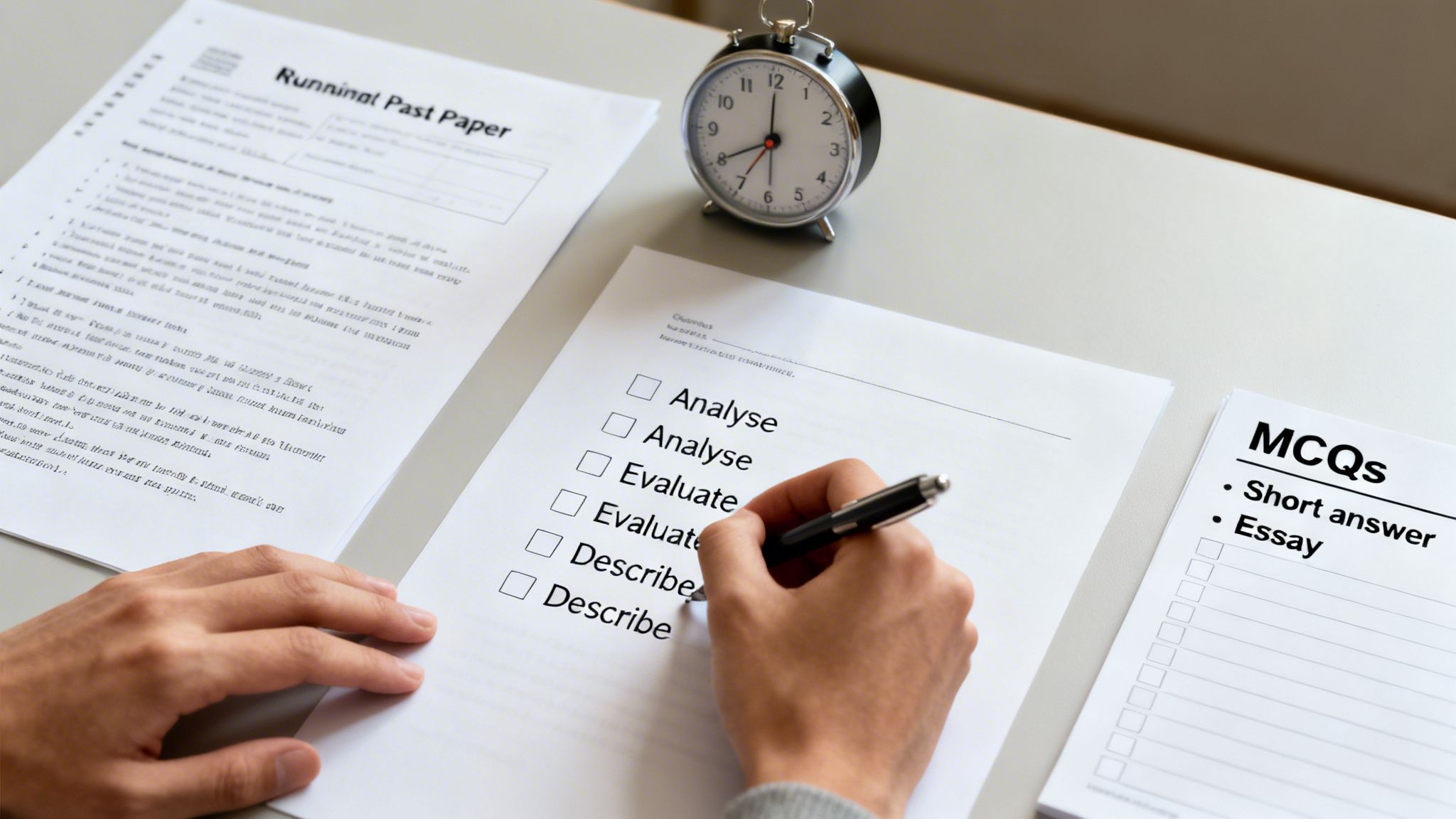 A person's hands write on a test paper with an alarm clock and a past paper on a desk, showing exam preparation.
