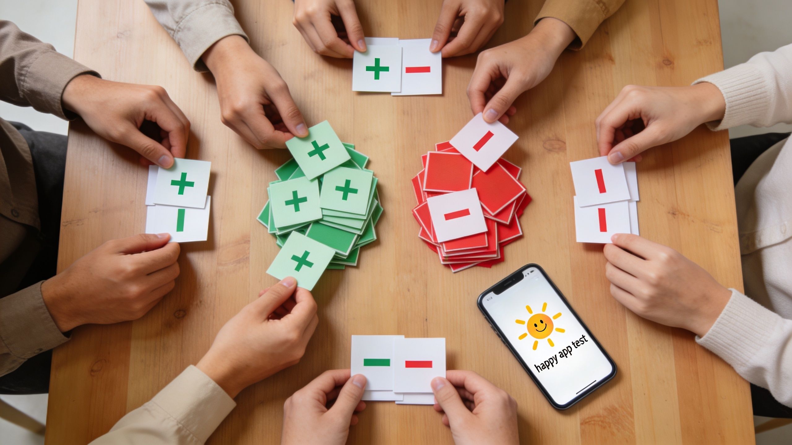 A group of people conducting a sign test psychology evaluation with positive and negative sentiment cards.