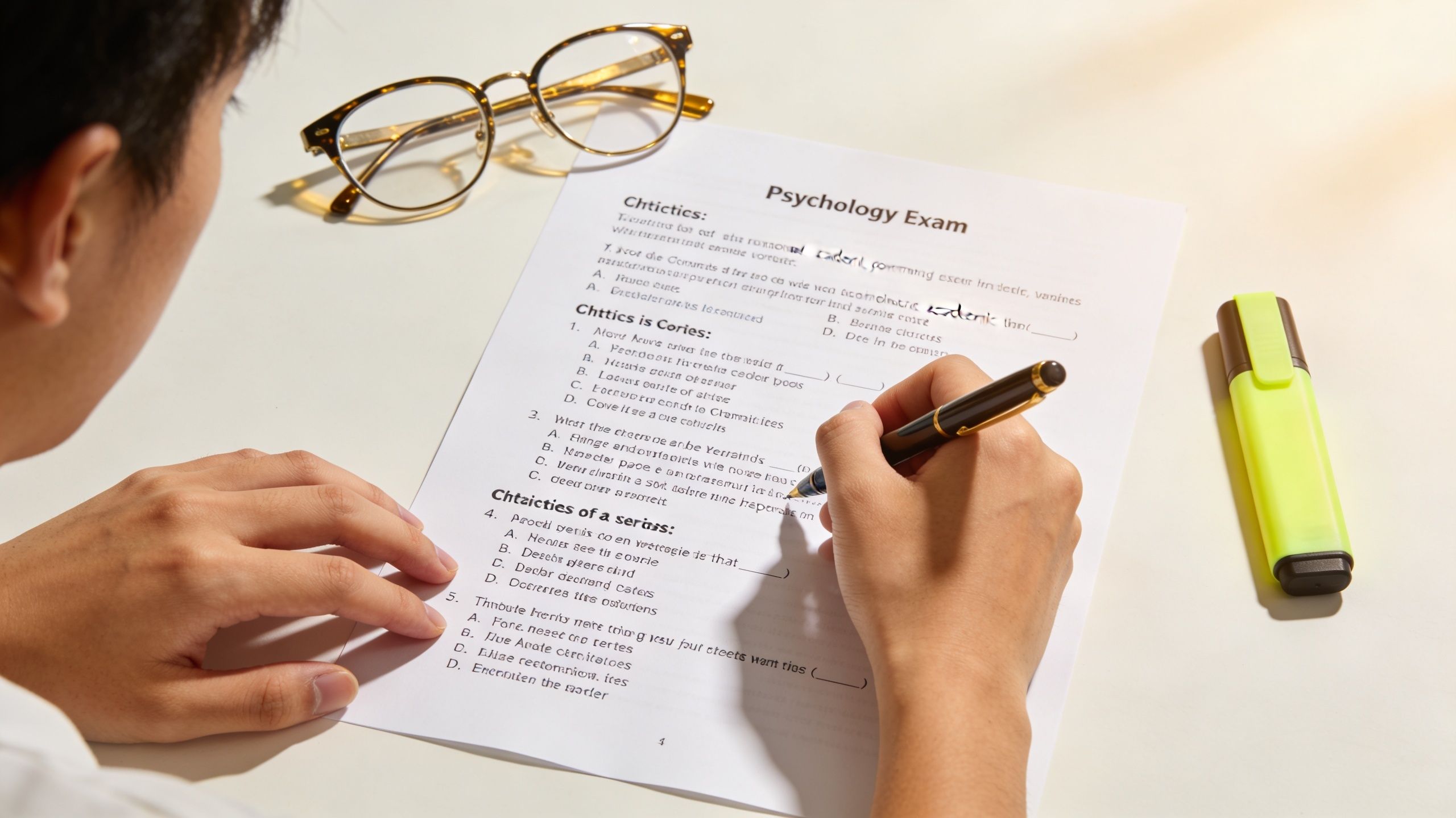A student taking a psychology exam while using a pen and sitting at a desk with glasses.