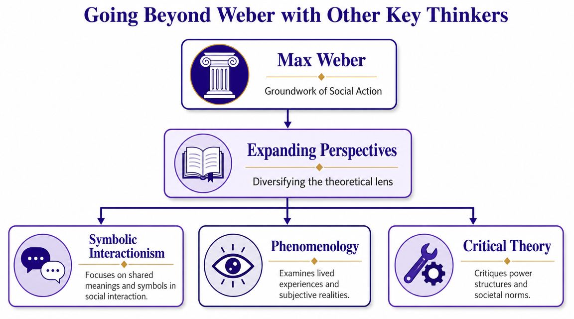 A diagram outlining sociological theories that expand upon Max Weber's foundational work on social action.