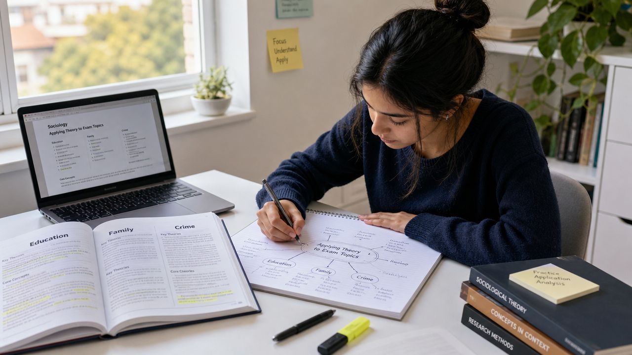 A focused student studying sociology, writing notes in a notebook while looking at a laptop computer.