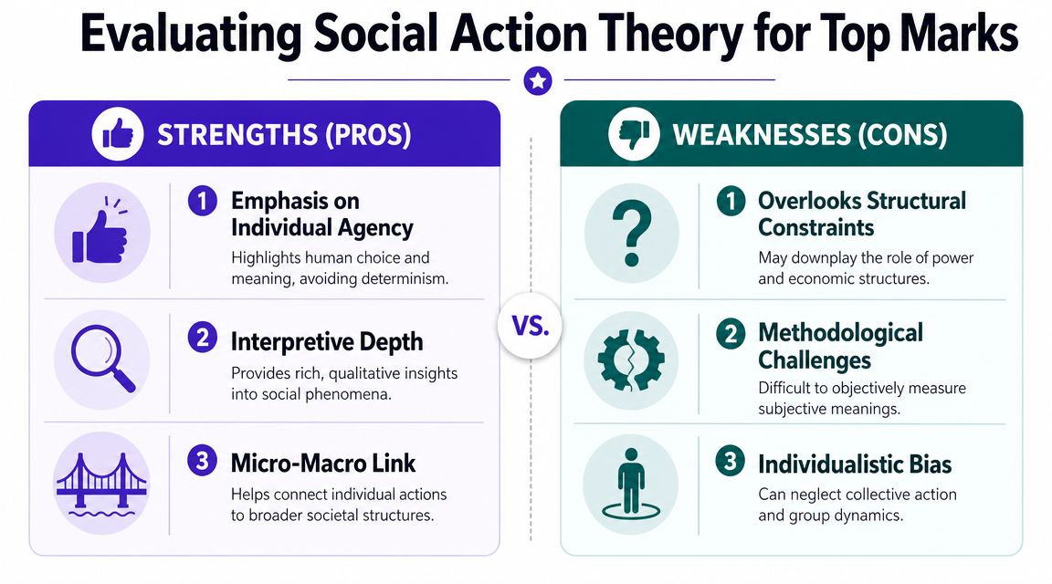 A comparison chart outlining the strengths and weaknesses of social action theory in sociology.