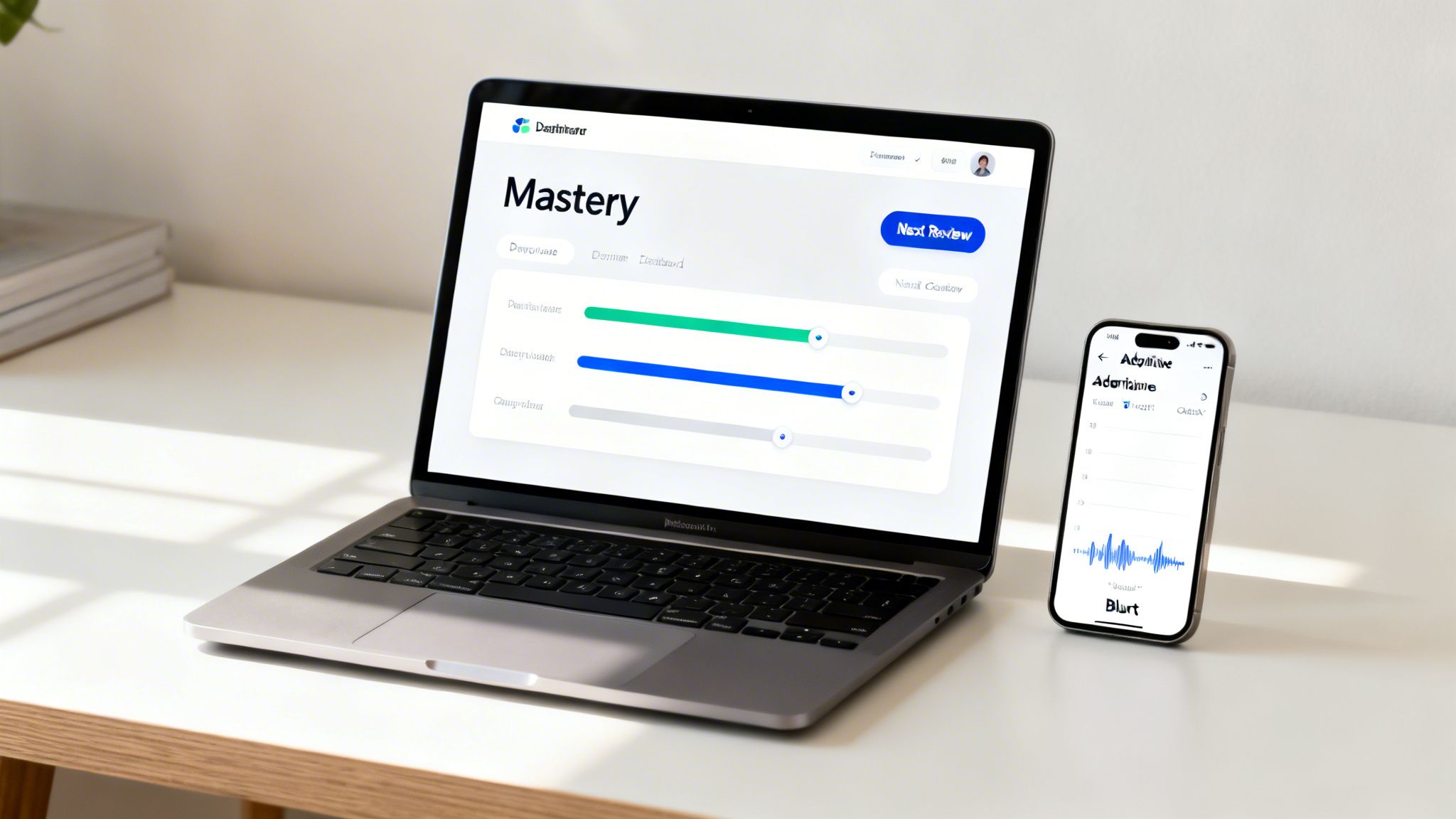 A laptop displays a 'Mastery' interface with progress bars next to a smartphone showing a music player.