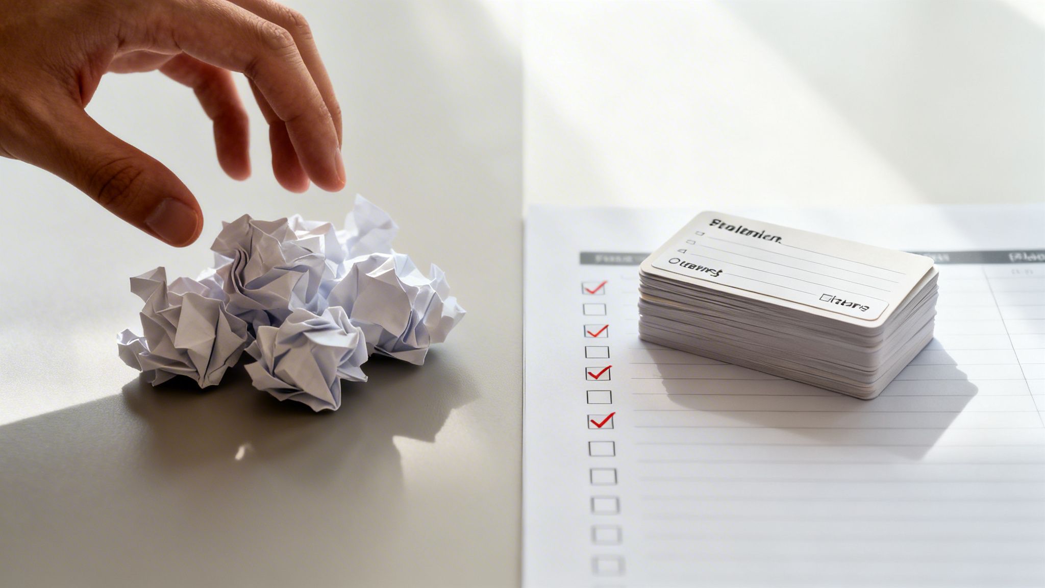 A hand reaches for crumpled papers, contrasted with a stack of flashcards and a checklist showing learning progress.