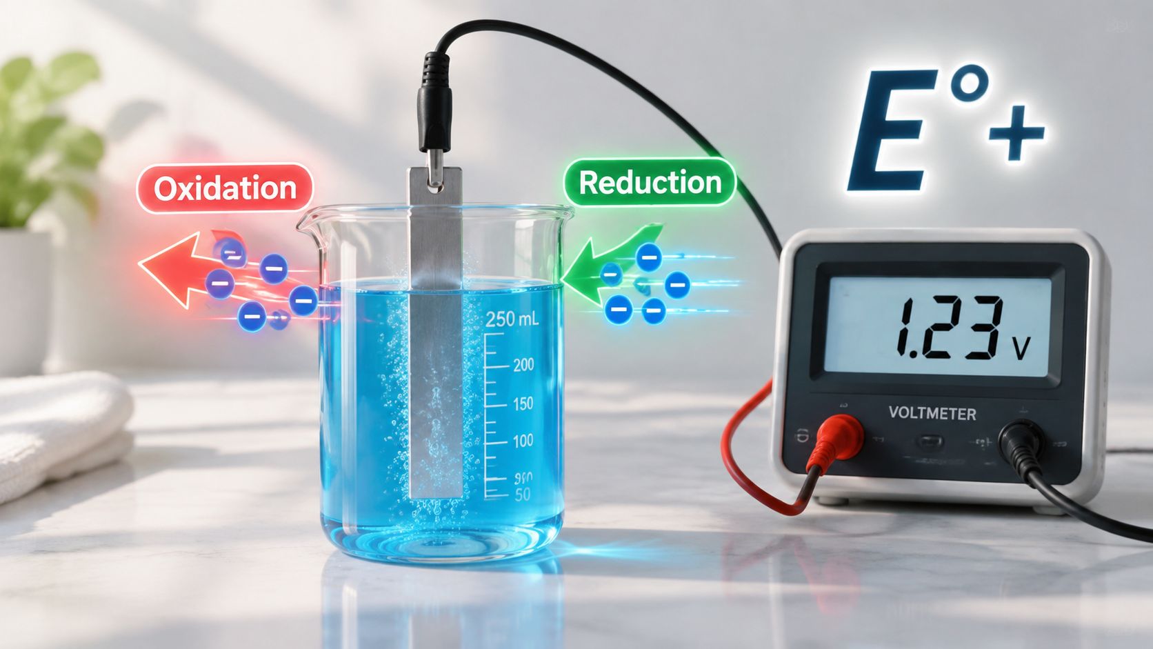 A chemical beaker and digital voltmeter illustrating the concept of standard electrode potential with oxidation and reduction arrows.