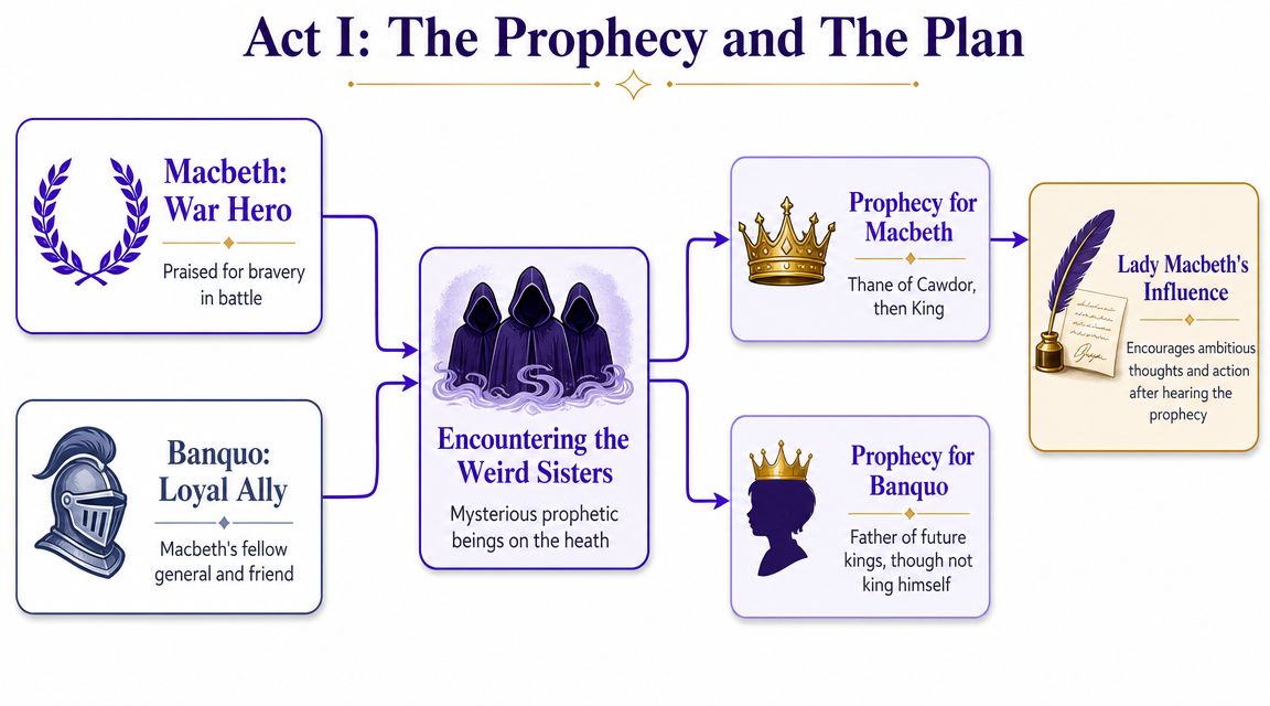 A diagram outlining the plot progression of Act I in Shakespeare's Macbeth, including characters and prophecies.