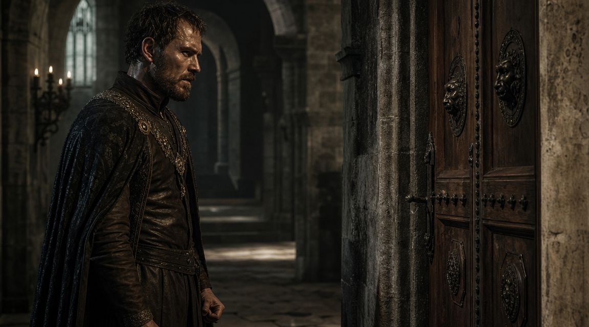 A stern nobleman in medieval attire stands before a heavy wooden door inside a dark stone castle.