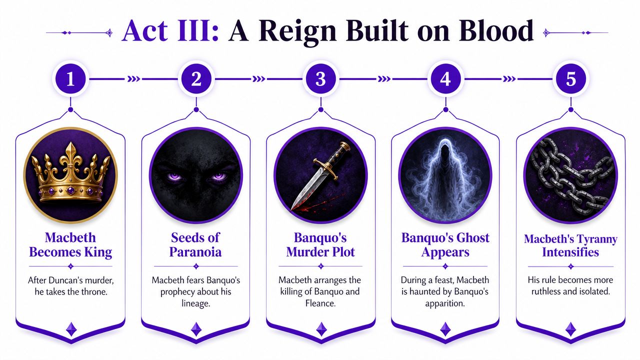 A diagram illustrating the five major plot points of Act III in Shakespeare's tragedy Macbeth.