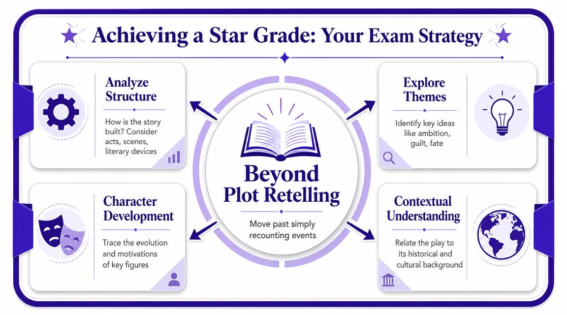 An infographic titled Achieving a Star Grade for literature exams, illustrating strategies beyond simple plot retelling.