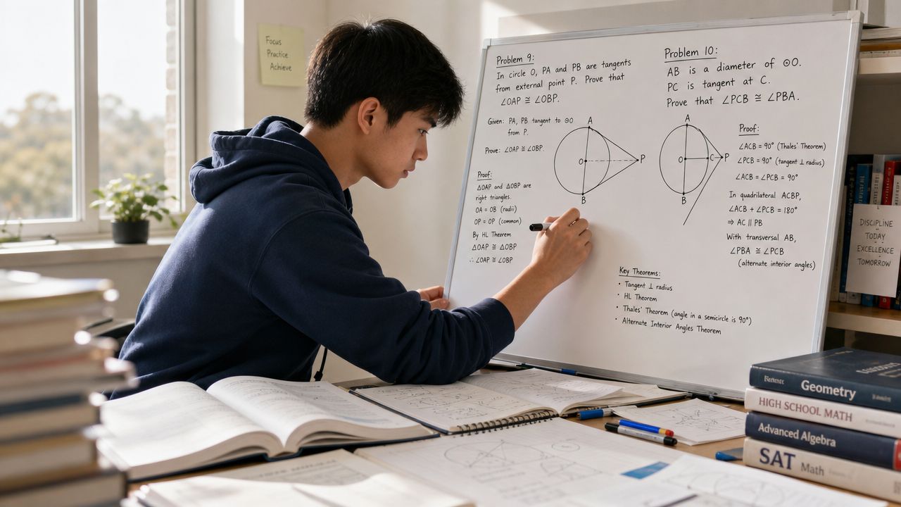 A male student solving a geometry problem about tangents to a circle on a whiteboard.