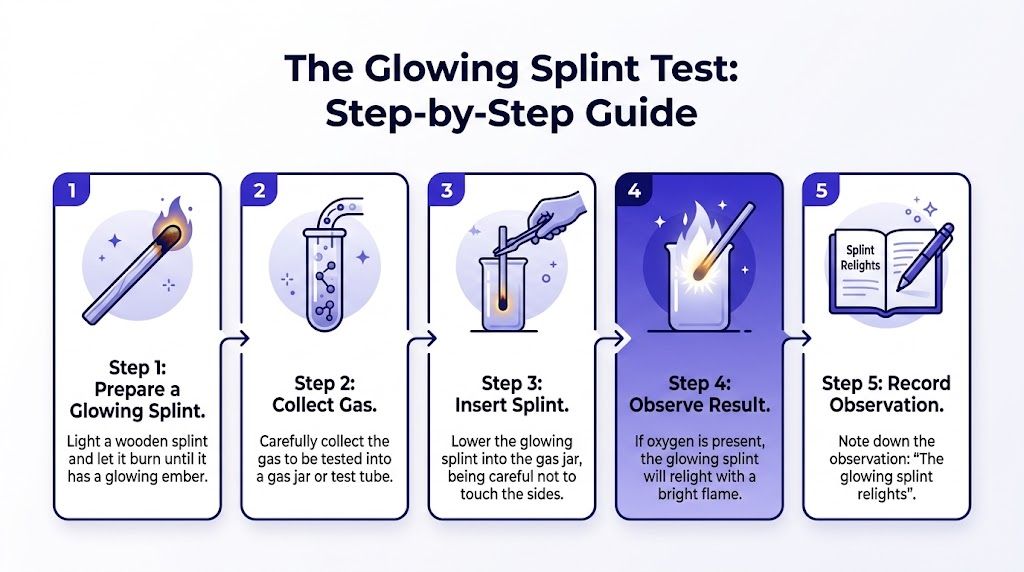A five-step infographic showing the procedure for performing the glowing splint test for oxygen gas detection.