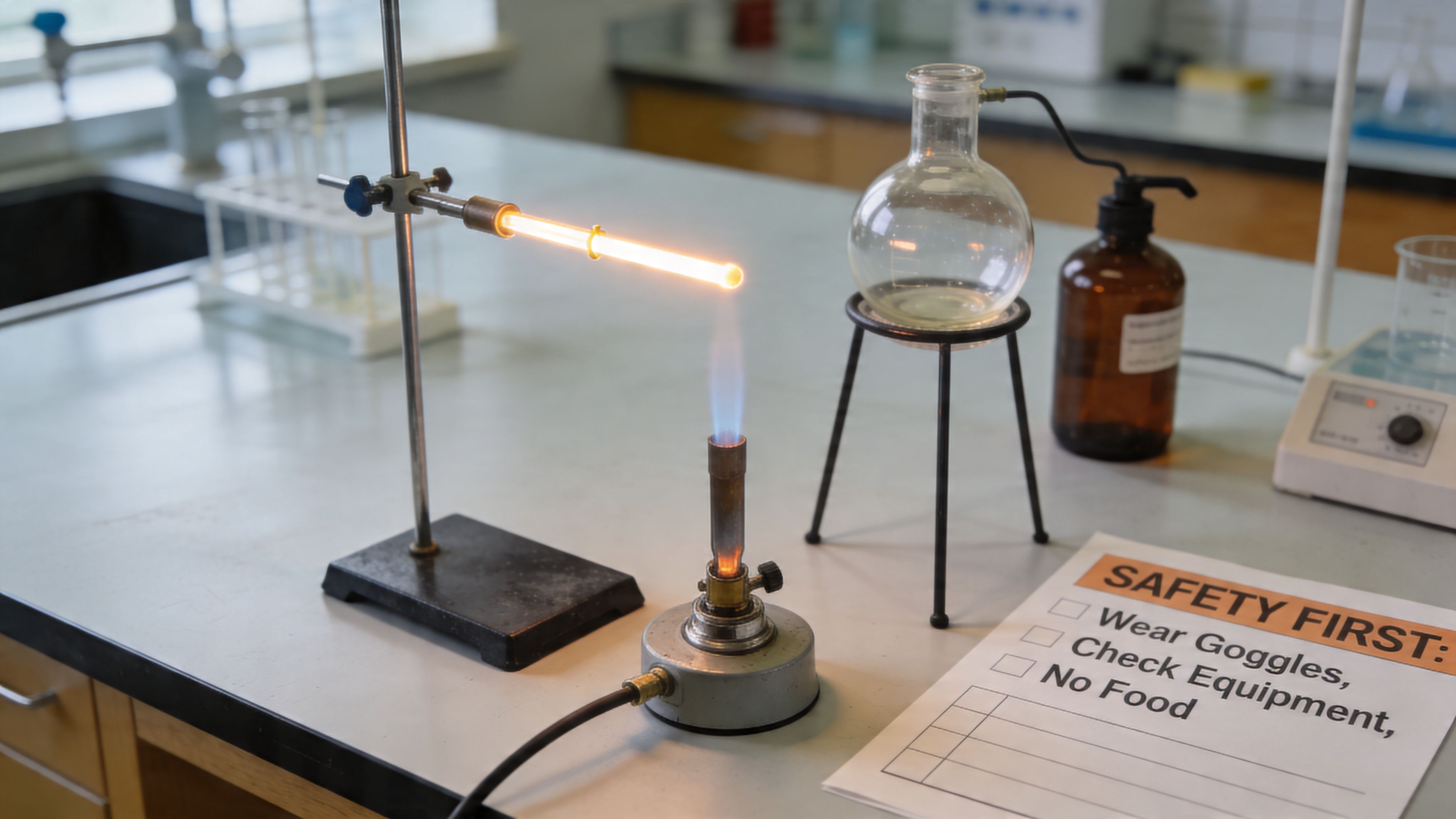 A laboratory setup demonstrating the test for oxygen gas using a glowing splint above a flame.
