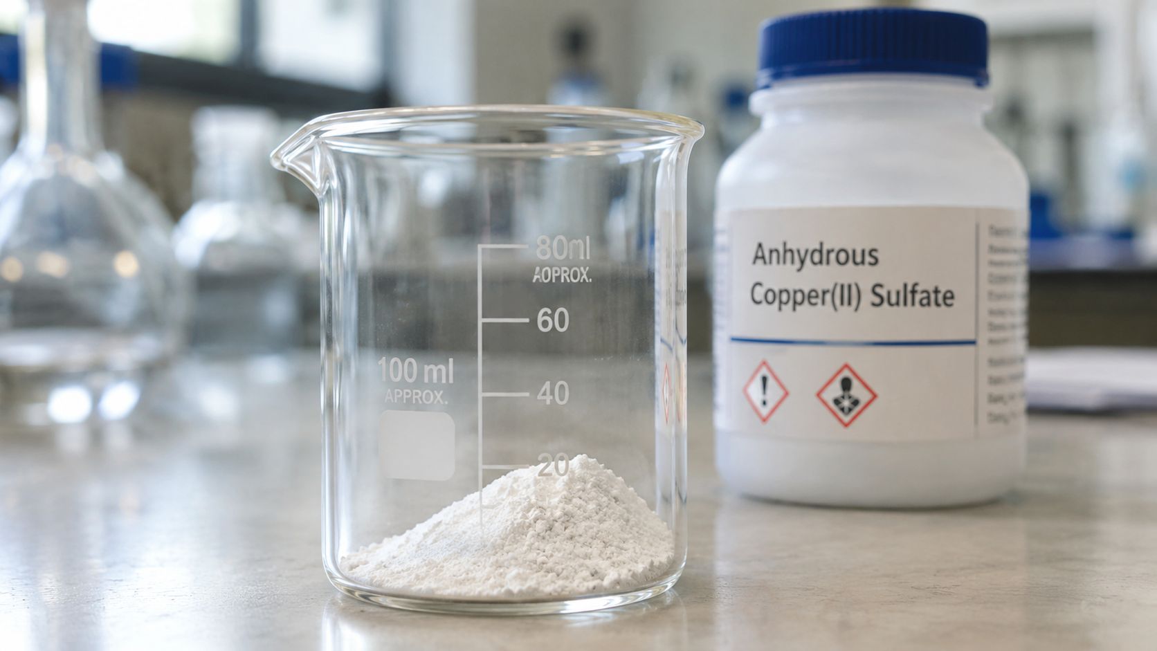 A laboratory beaker containing white anhydrous copper(II) sulfate powder next to a labeled chemical reagent bottle.