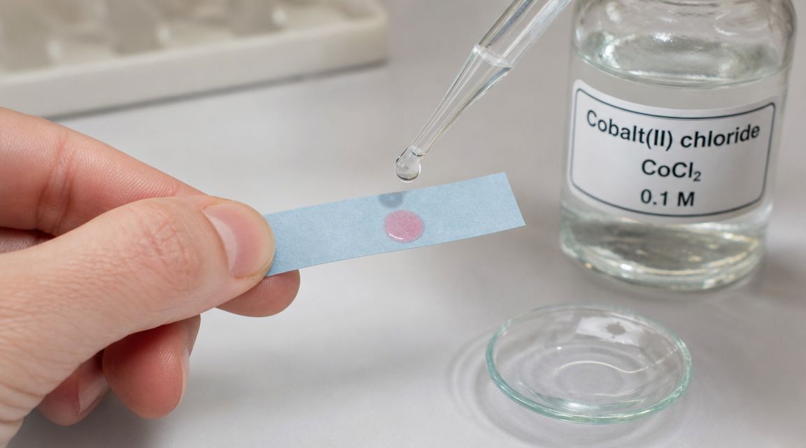 A hand holding a blue test strip being tested with a drop of Cobalt(II) chloride solution.