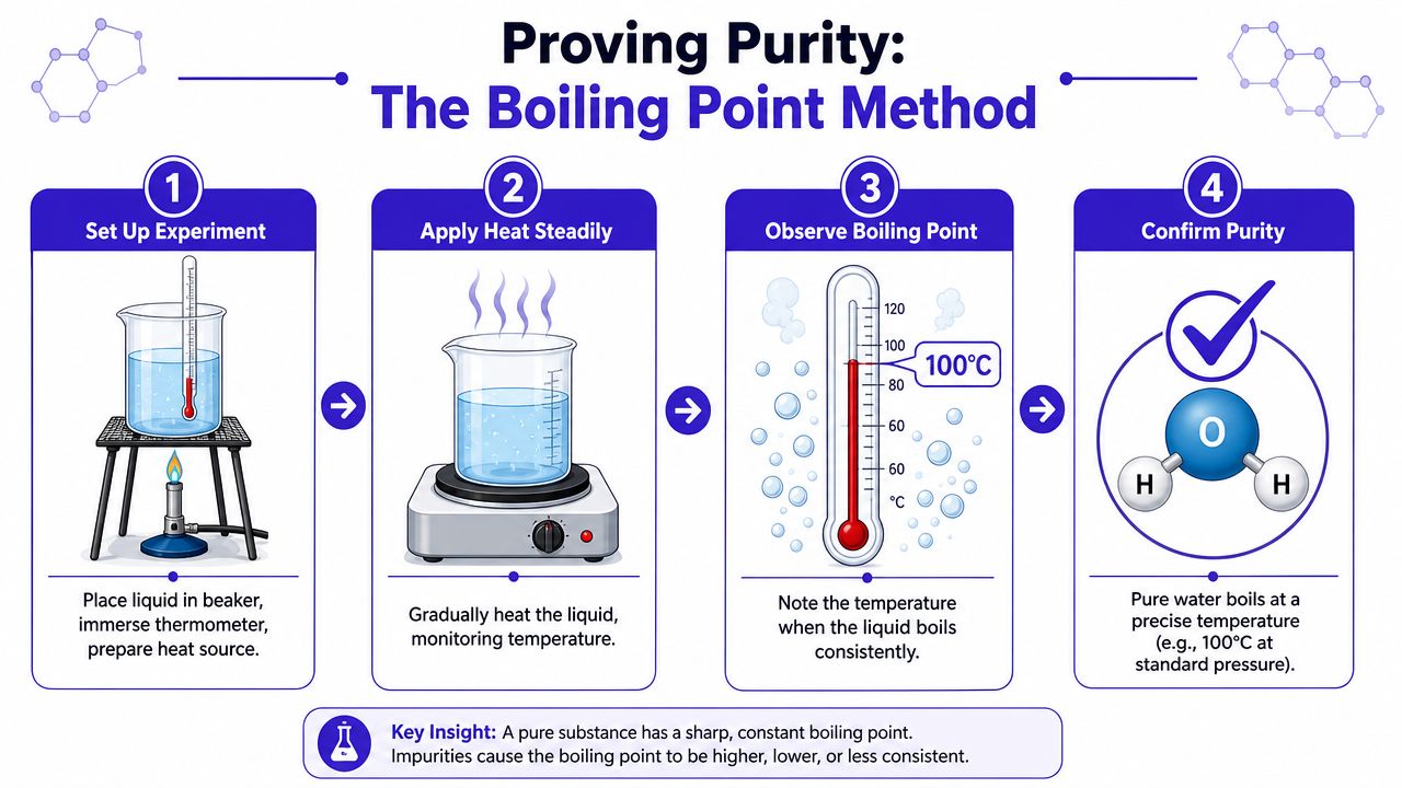 An infographic showing the four-step boiling point method used to test for water purity in a laboratory.