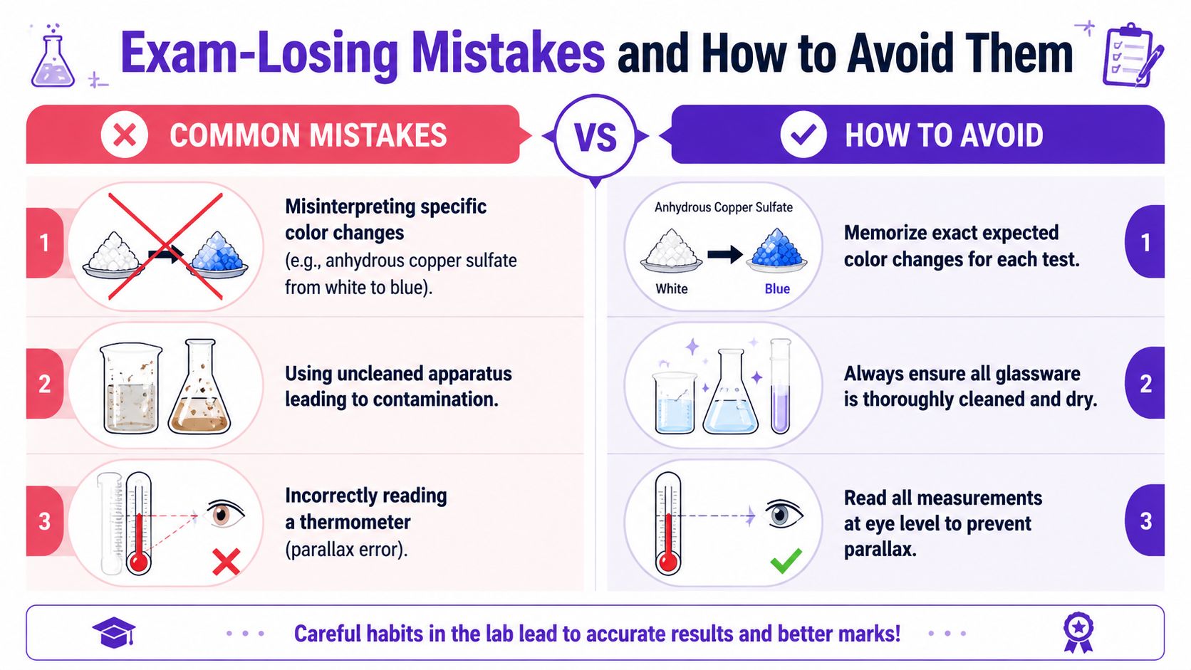 An educational infographic showing three common laboratory exam mistakes and how to properly avoid them.