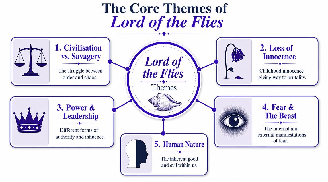 An infographic titled The Core Themes of Lord of the Flies outlining five major literary themes.