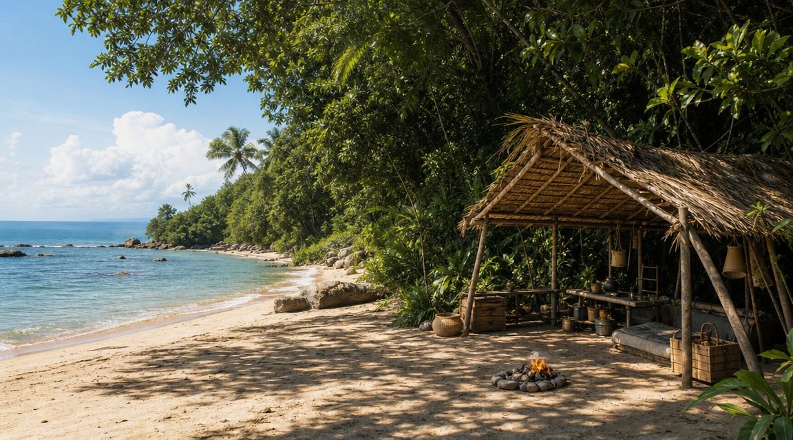 A rustic wooden shelter on a secluded tropical beach with a small campfire burning in the sand.
