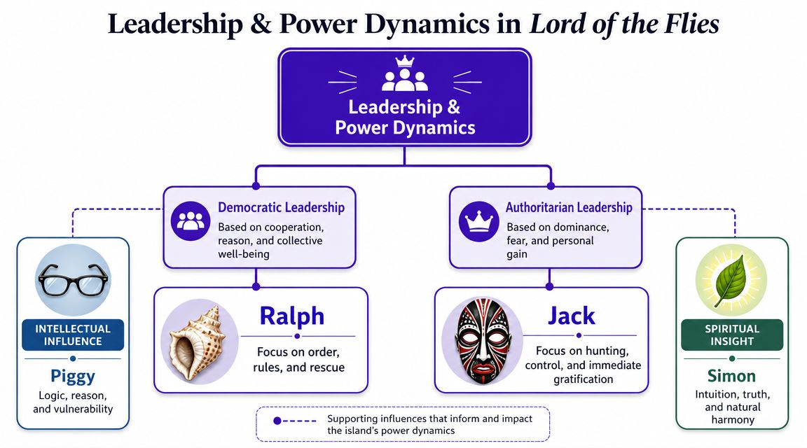 A diagram illustrating the leadership and power dynamics between Ralph, Jack, Piggy, and Simon in Lord of the Flies.
