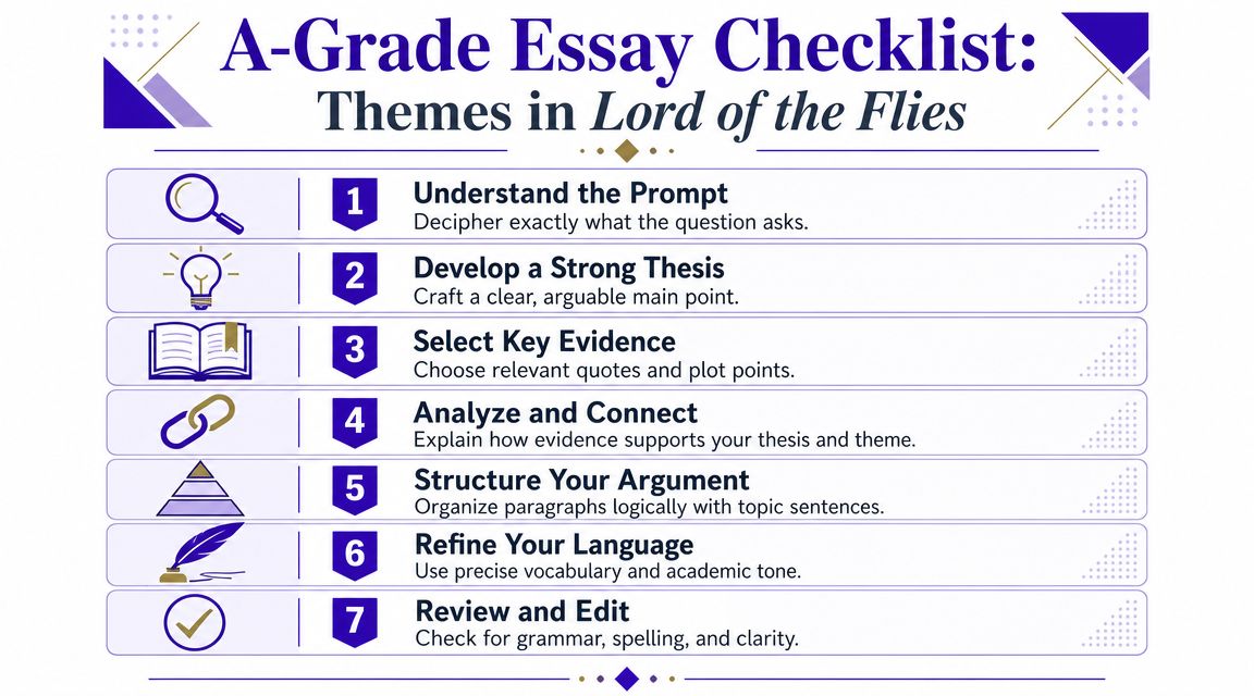 A seven-step A-Grade Essay Checklist for analyzing themes in the novel Lord of the Flies.
