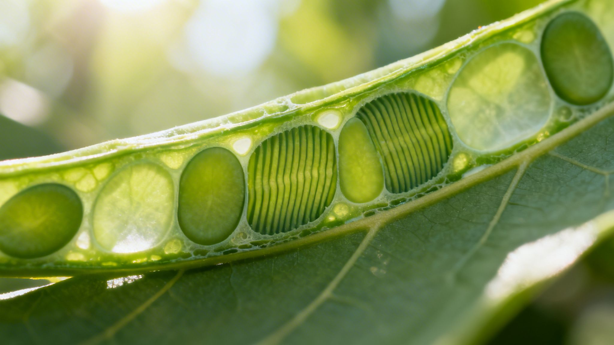 A close-up of a green plant pod cut open, revealing round green seeds and ribbed structures inside, with bright background light.