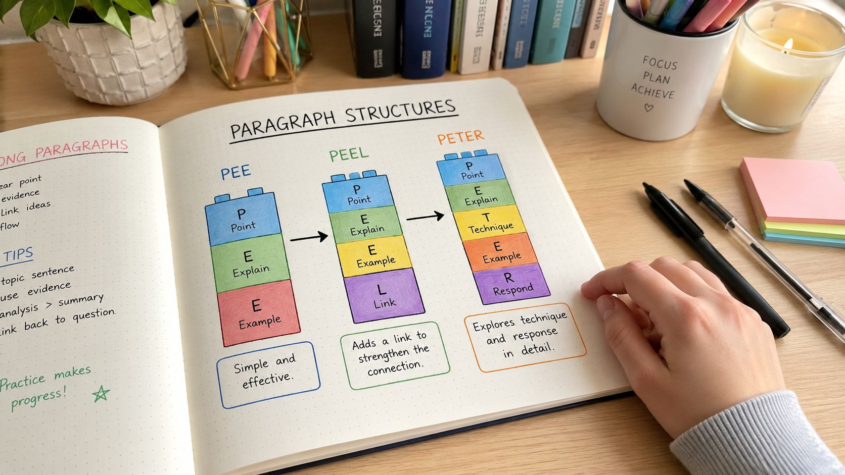 A hand points to a notebook page explaining paragraph structures like PEE, PEEL, and PETER techniques.