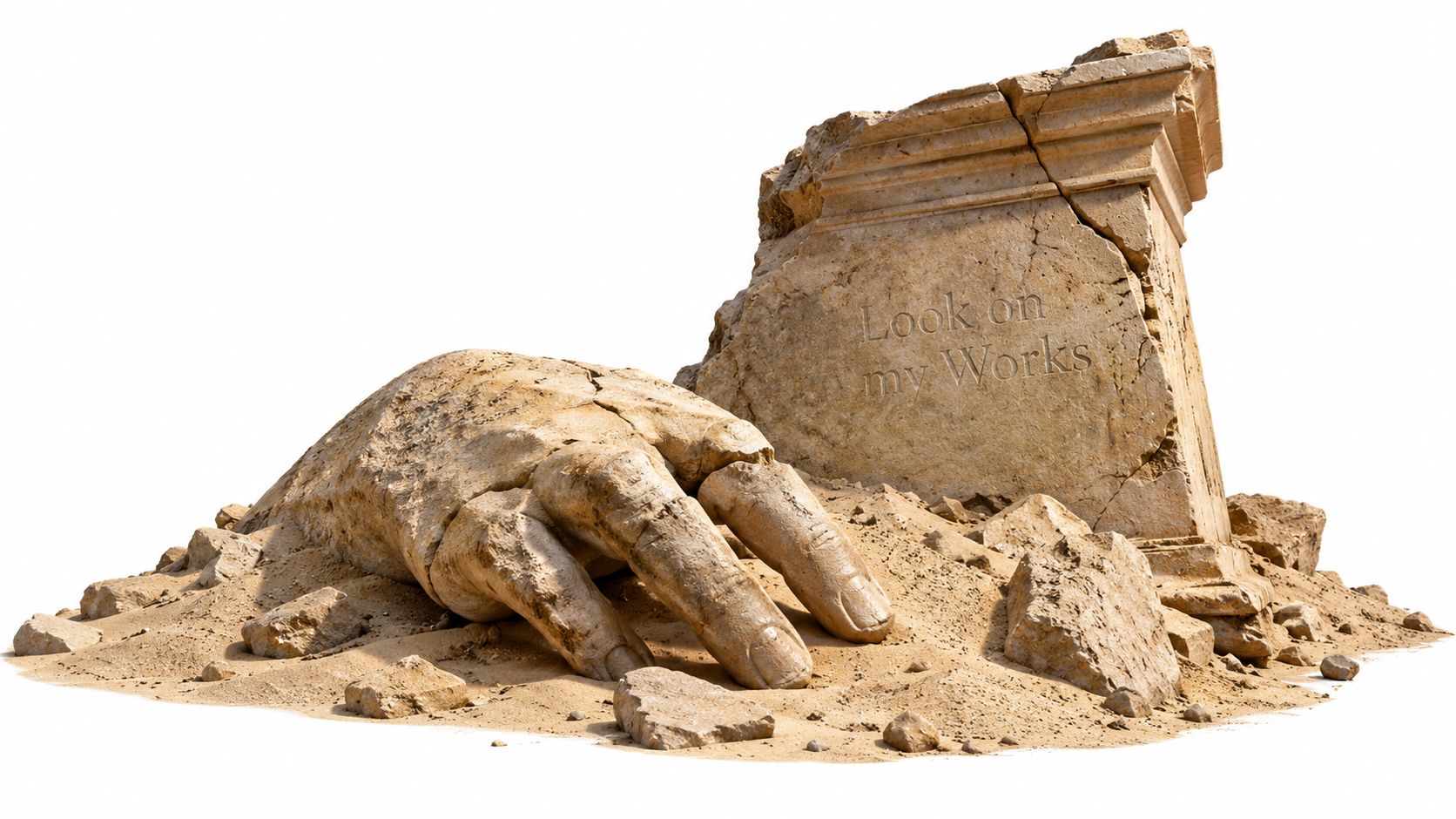 A stone sculpture of a giant hand resting in the sand next to a crumbling ruin pedestal.