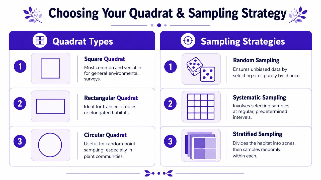 An educational infographic showing three types of quadrats and three distinct sampling strategies for environmental surveys.