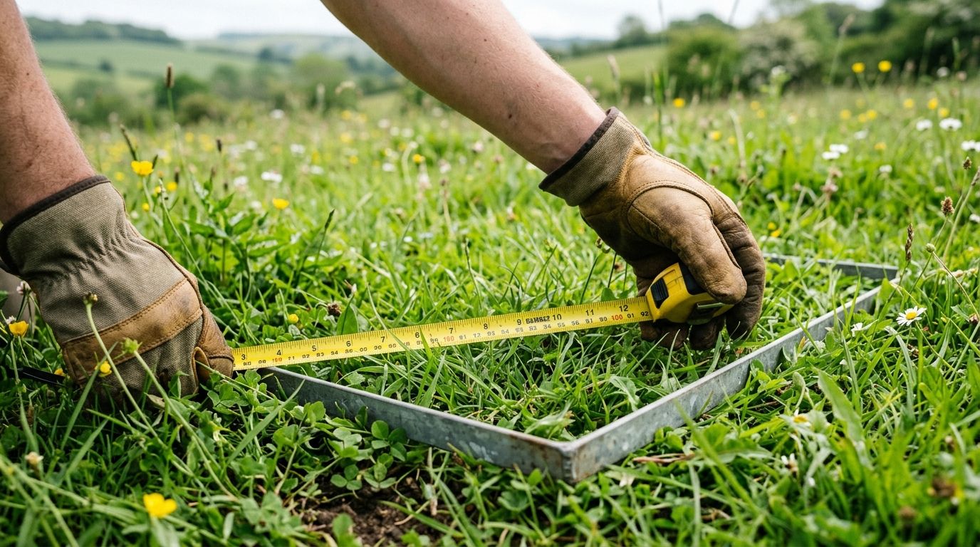A researcher using a measuring tape to assess a square metal quadrat frame in a grassy field.