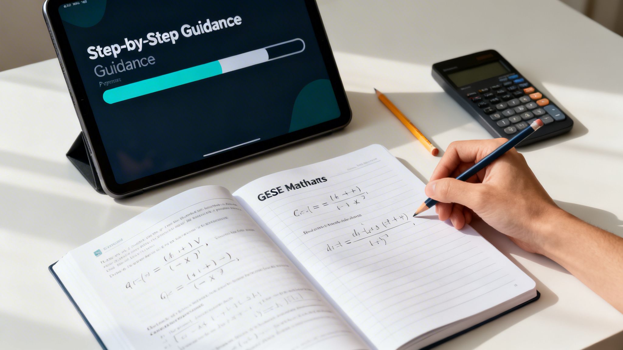 A student studies math, writing in a notebook, with a tablet displaying 'Step-by-Step Guidance' and a calculator.