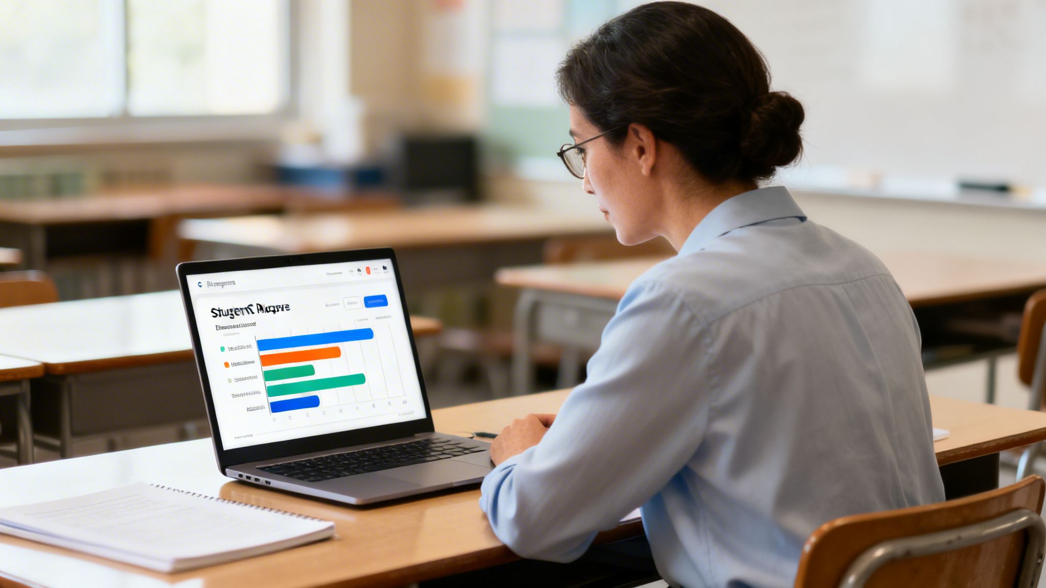 A woman in a classroom using a laptop to view a student progress report.