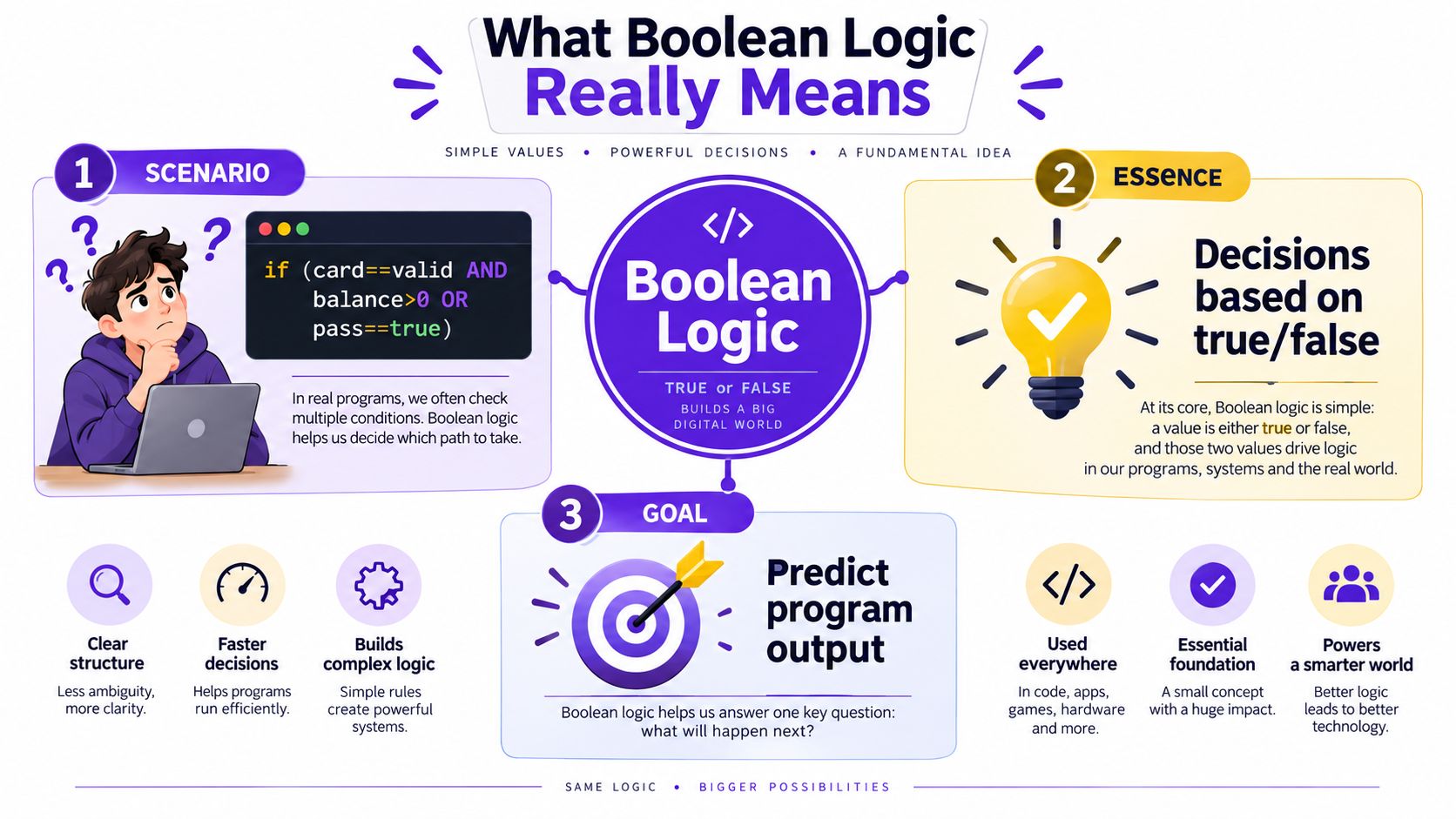 An infographic explaining Boolean logic with sections on scenarios, essence, and goals for programming clarity.