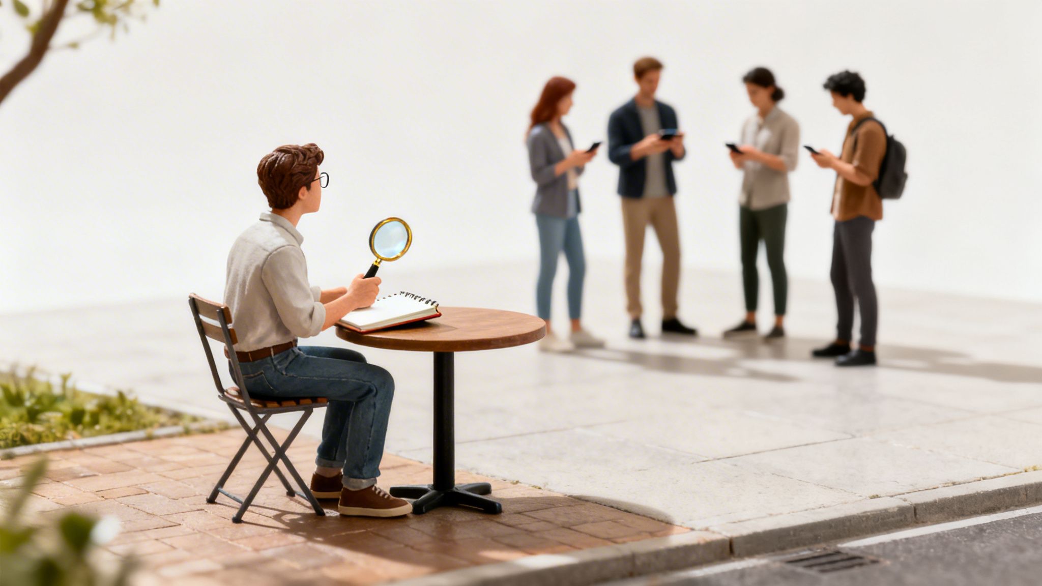 A man uses a magnifying glass to observe people engrossed in their phones, symbolizing market research.