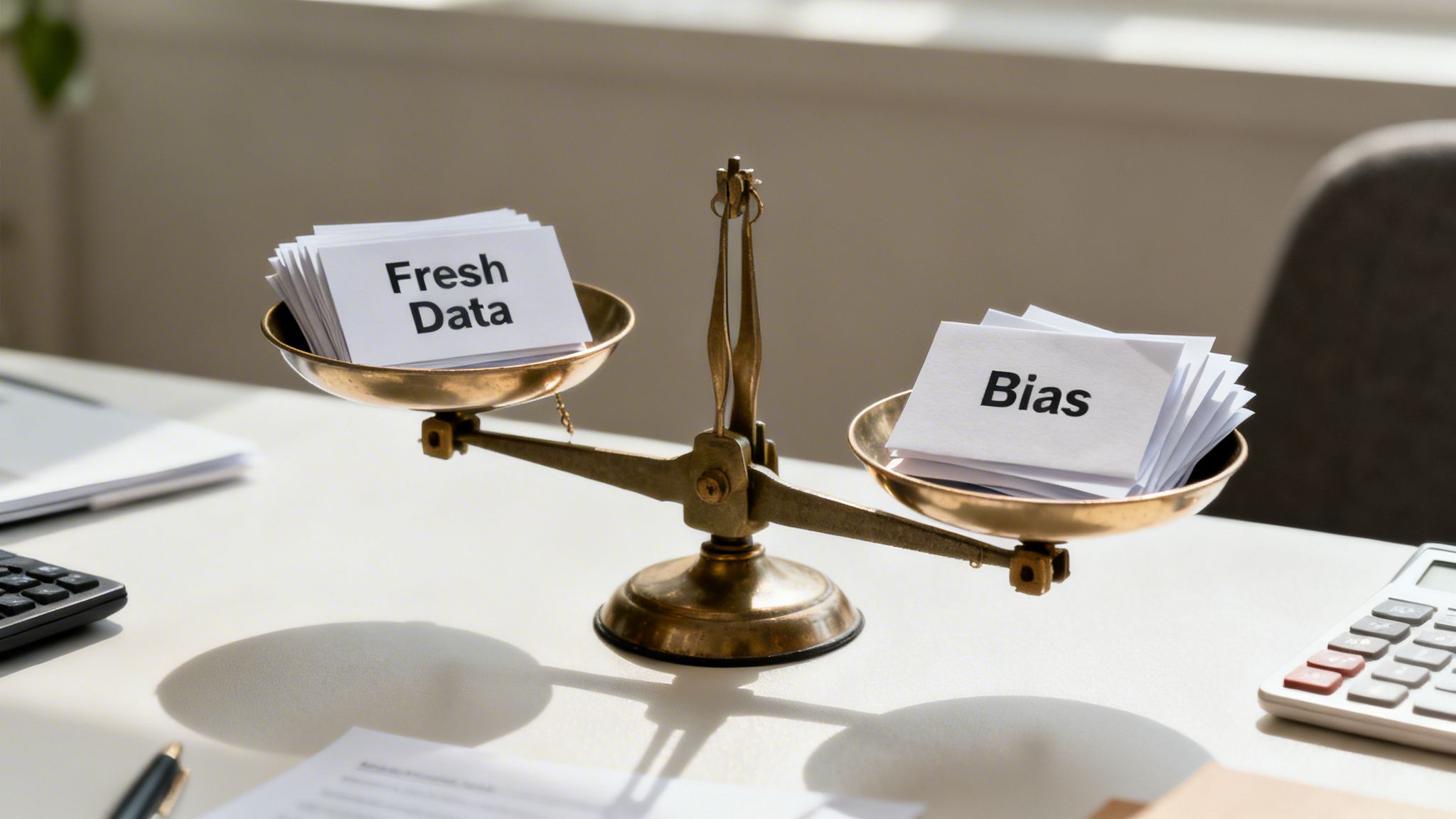 A brass scale balancing 'Fresh Data' and 'Bias' on a desk, symbolizing data quality.
