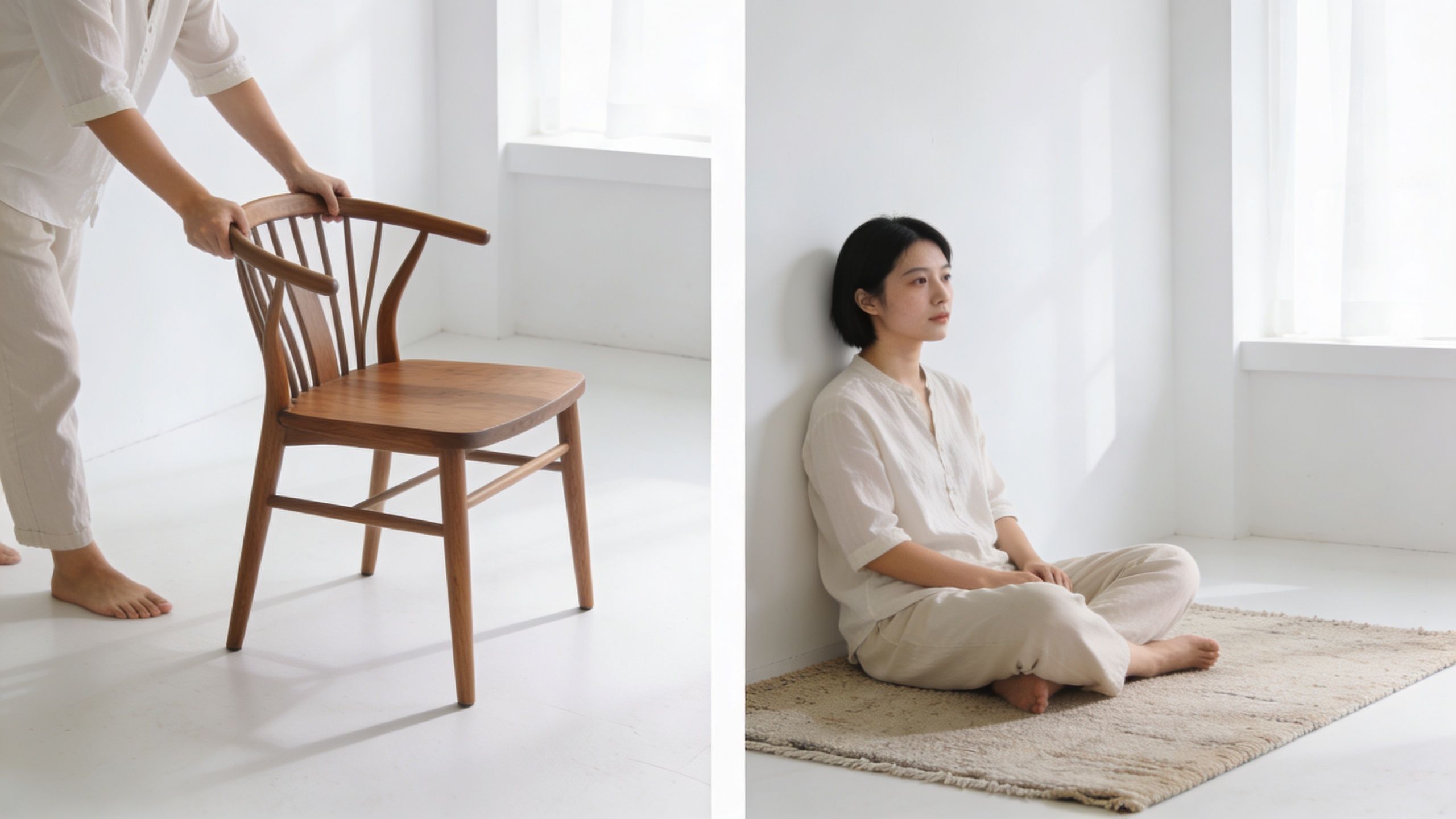 A minimalist split composition featuring a wooden chair and a woman sitting calmly on the floor.