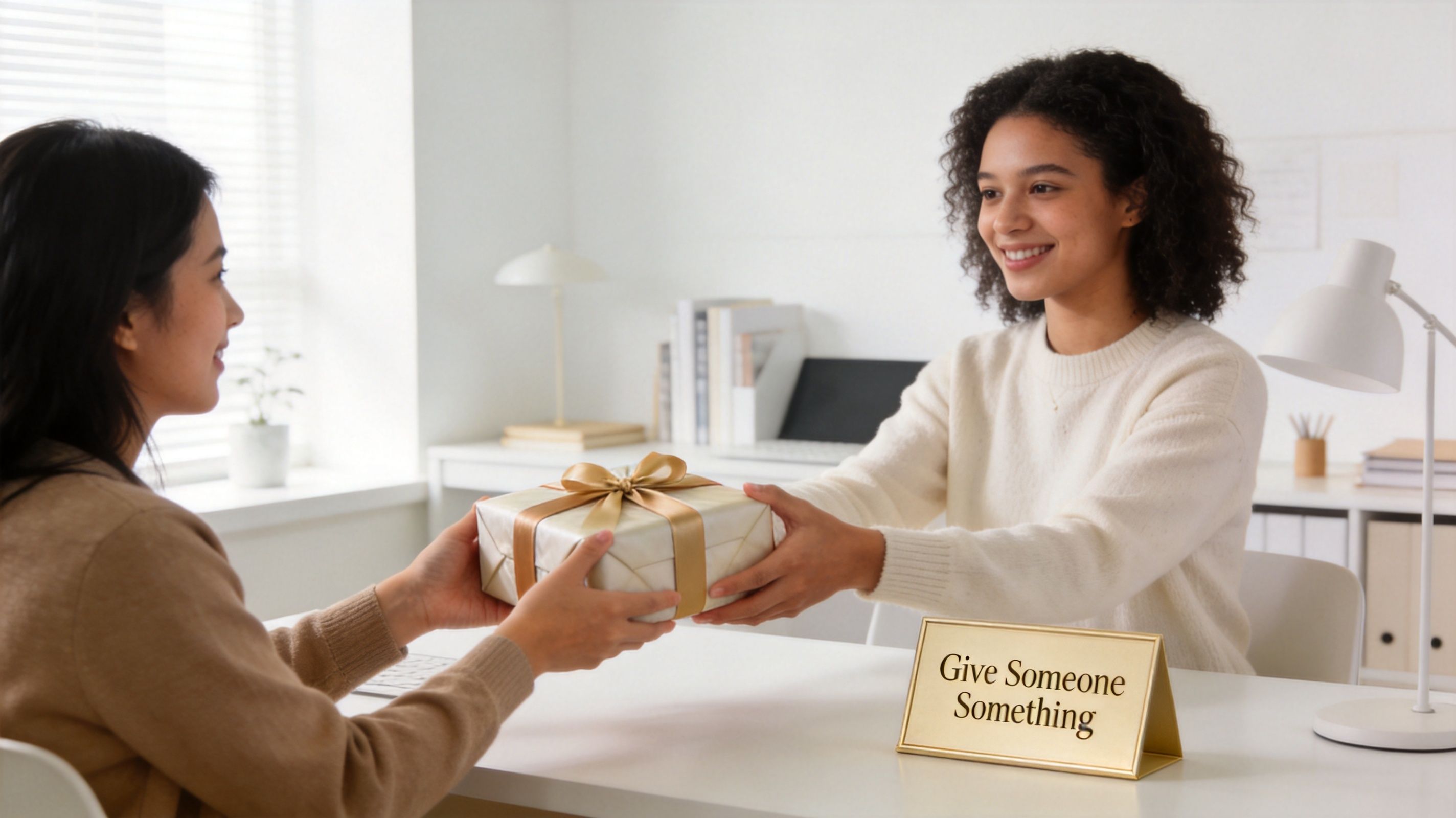 A woman handing a wrapped gift to another woman across a desk with a sign reading Give Someone Something.