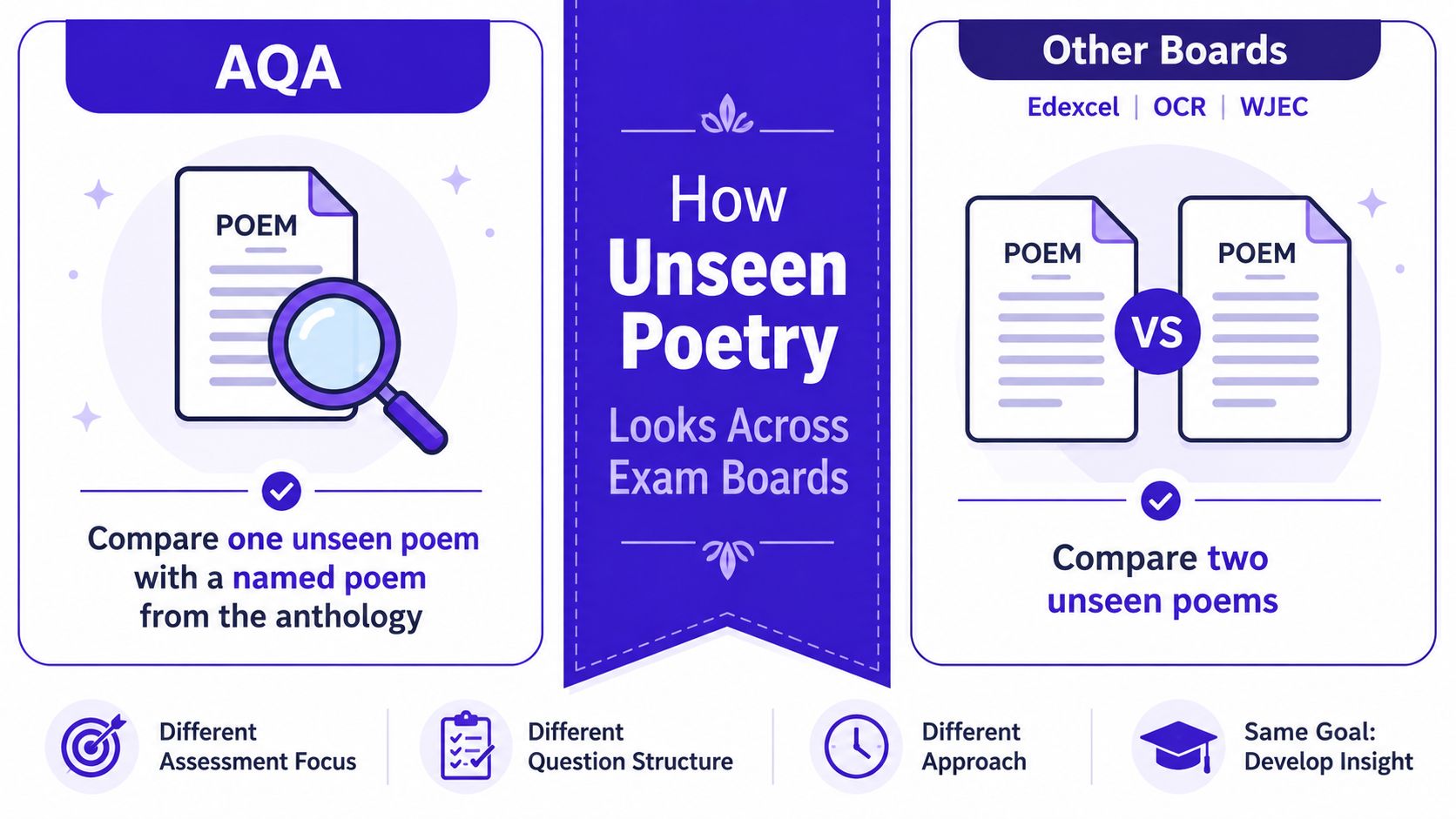 A comparison infographic showing how unseen poetry exam requirements differ between AQA and other exam boards.