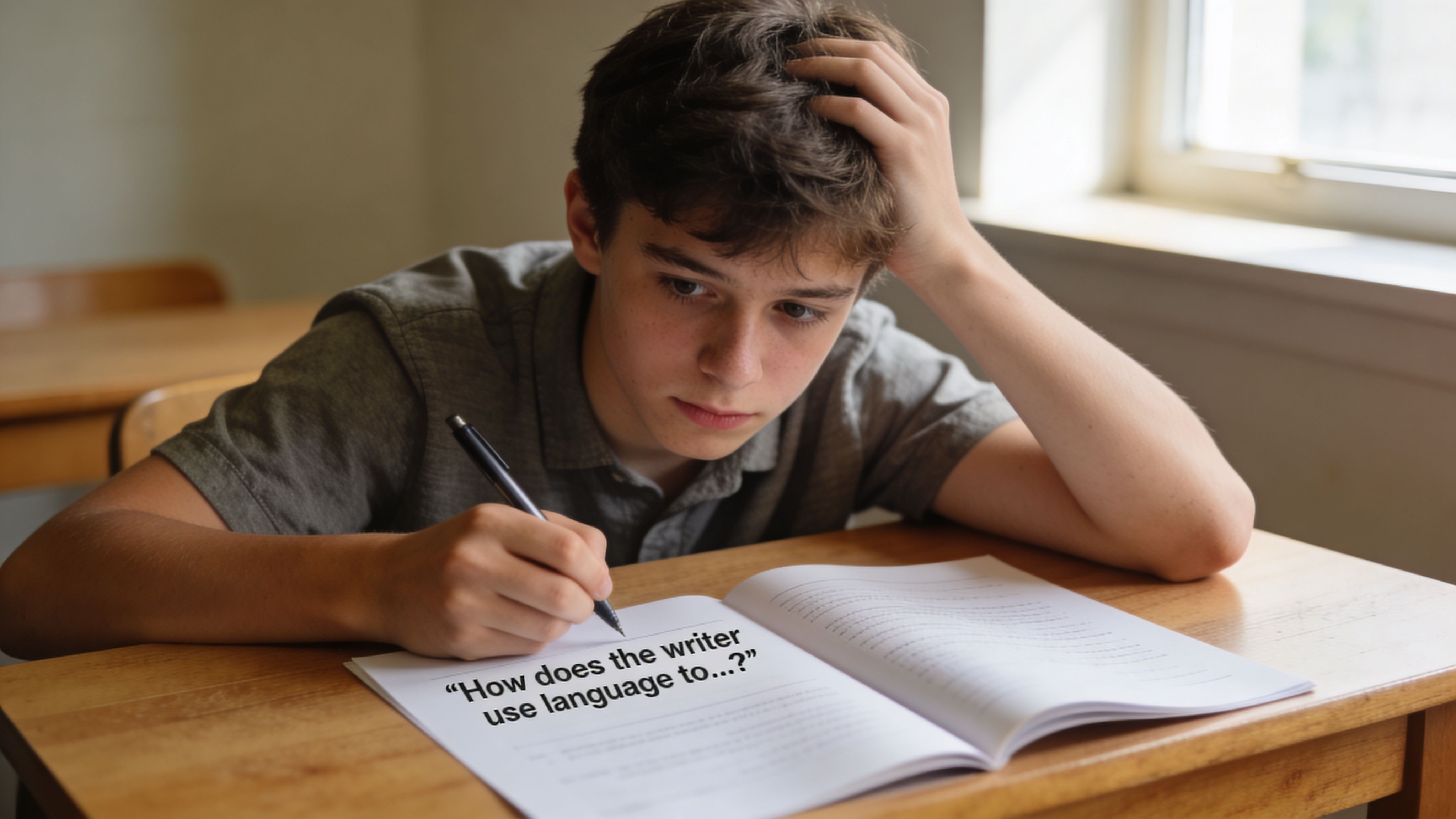 A focused young male student writing in an open workbook while feeling frustrated during his studies.