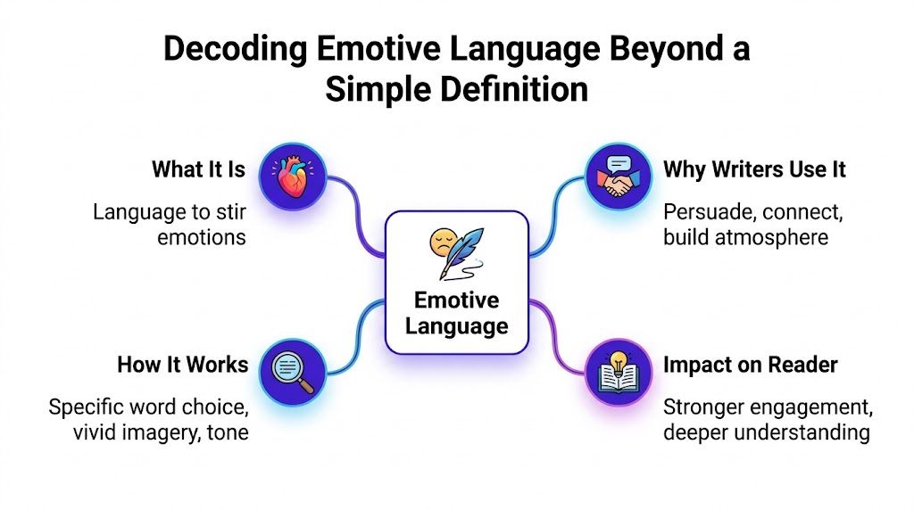 A mind map infographic explaining the purpose, function, and impact of emotive language in writing.