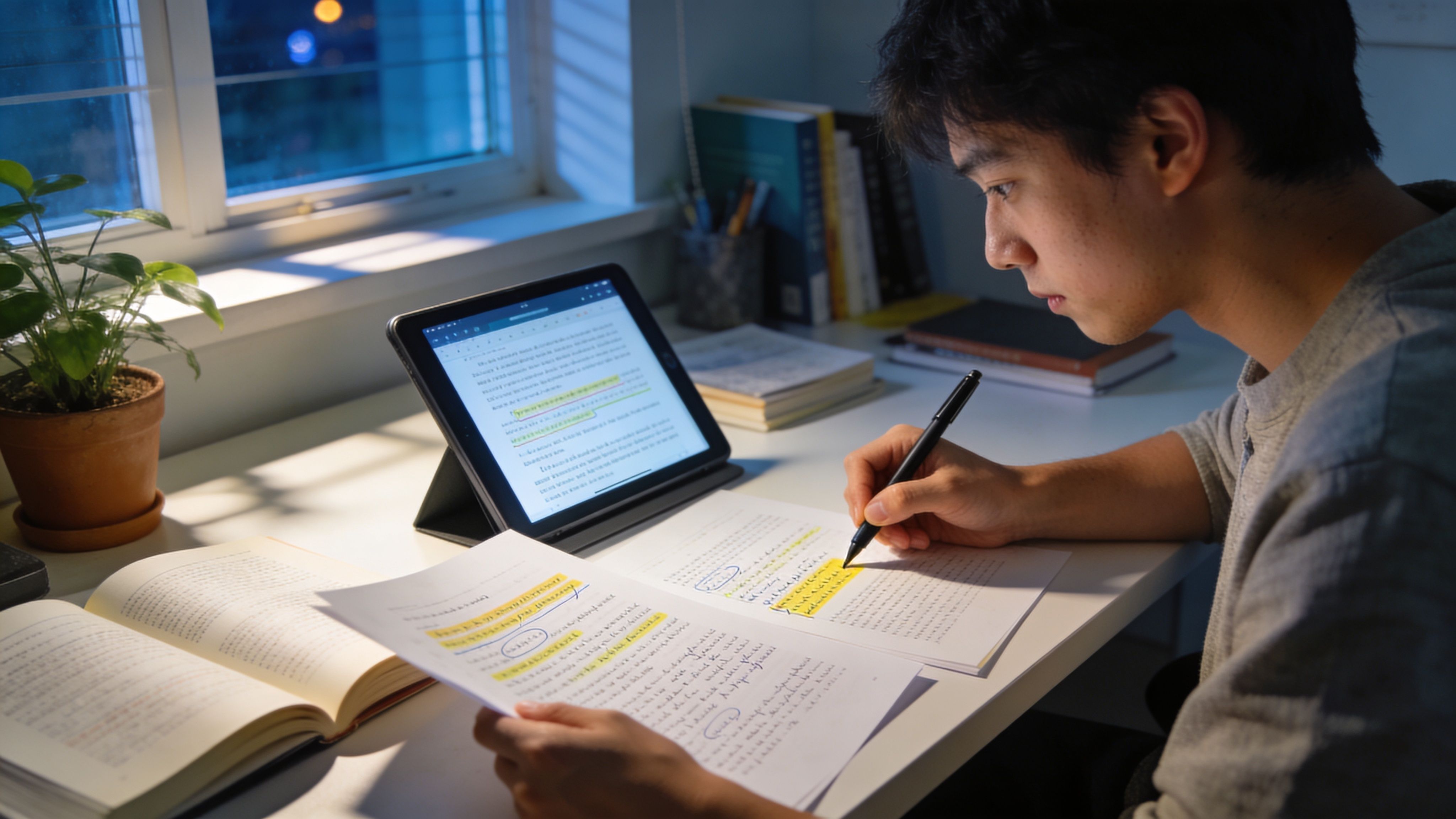 A focused young man studying documents and reviewing notes on his tablet at a desk at night.